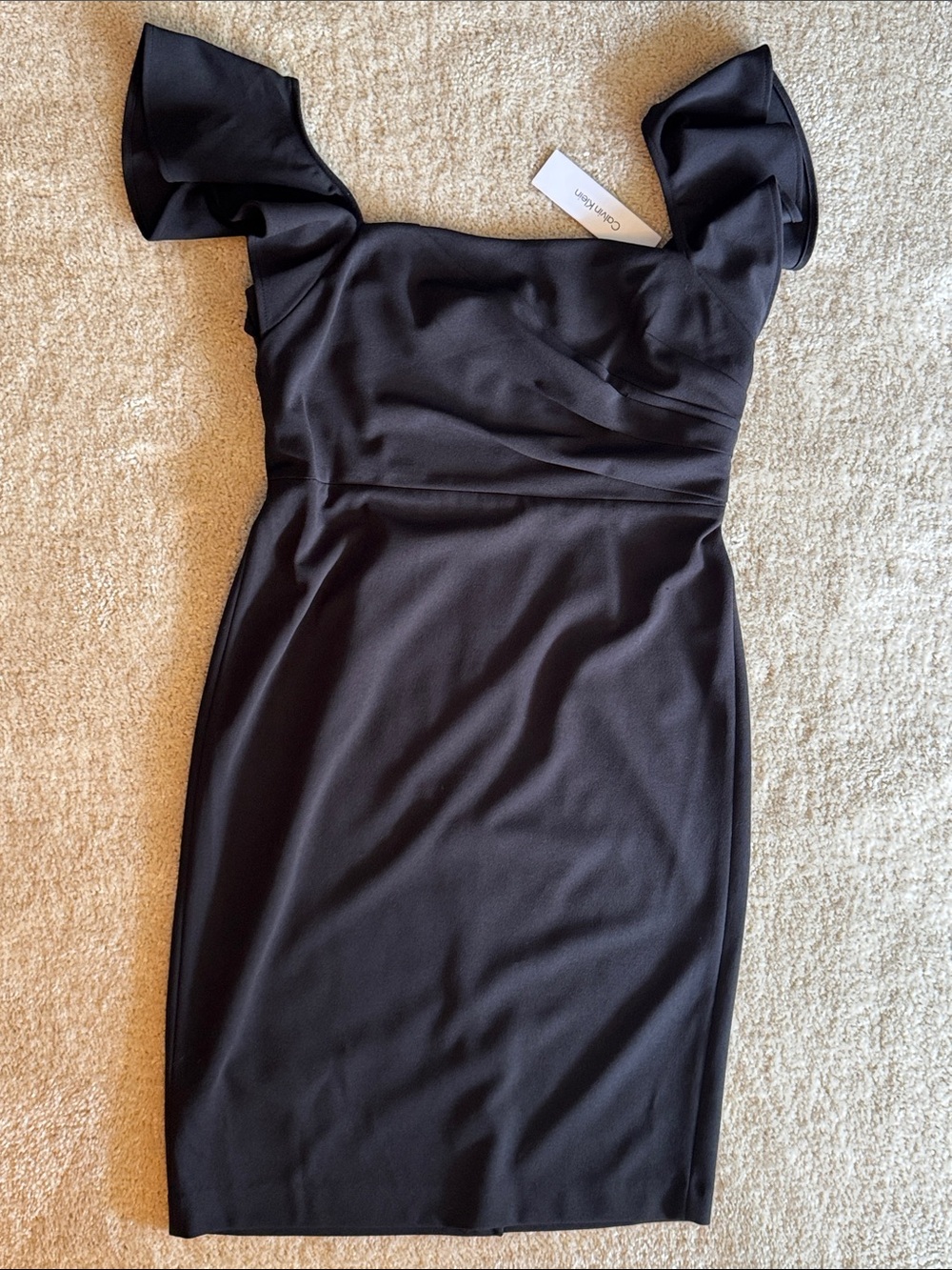 Calvin Klein Black Ruffle‑Sleeve Midi Sheath Dress
